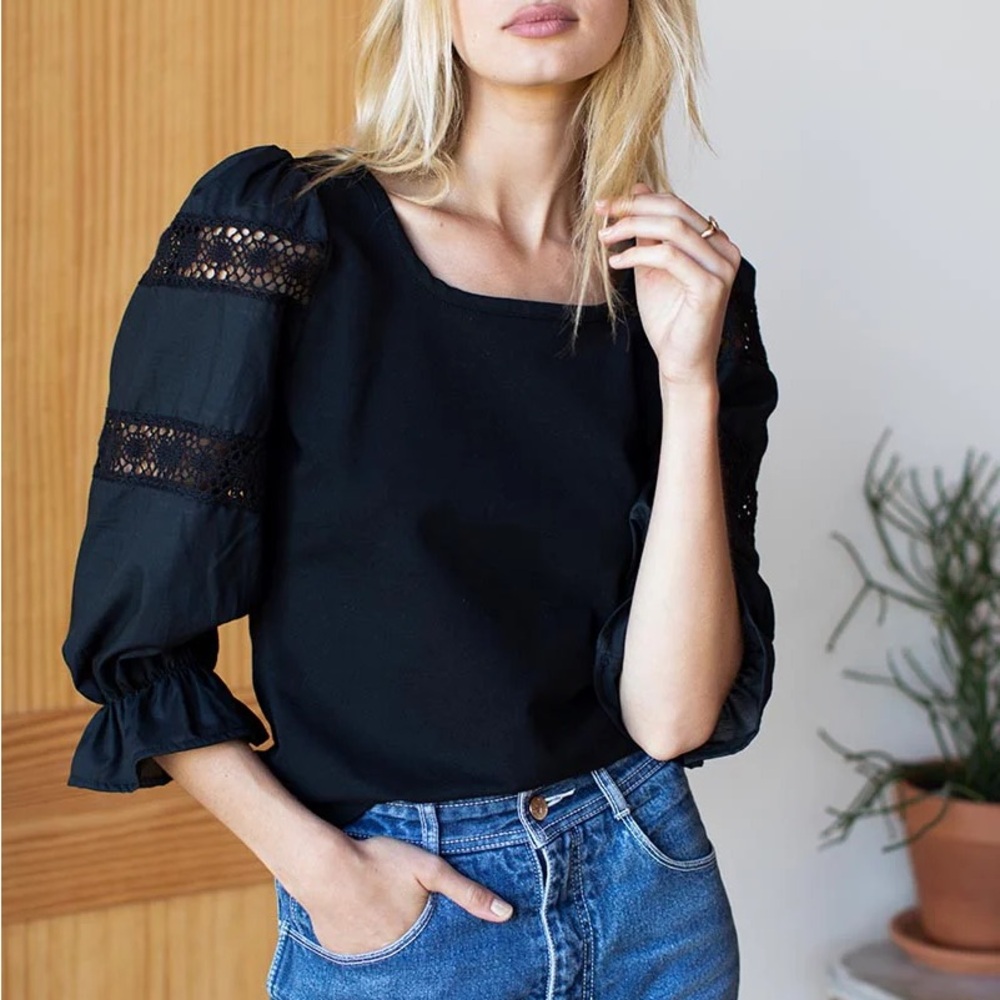 Emerson Fry Black Blouse with Puff Sleeves and Ruffled Details